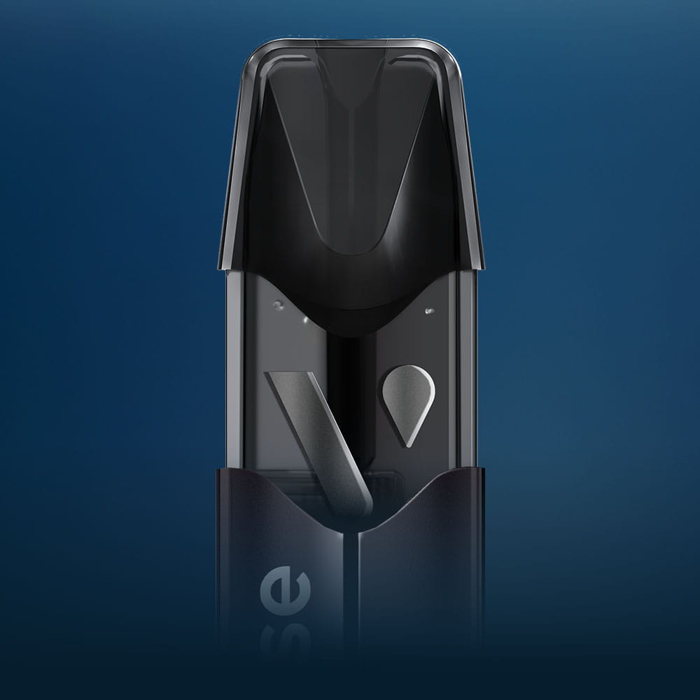 Close-up of a Vuse flavour pod being inserted into a Vuse vaping device.