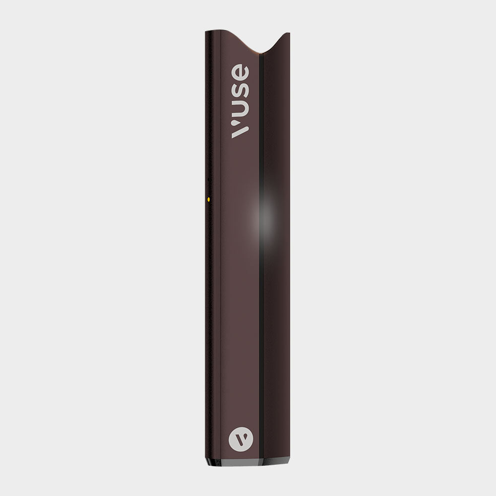 A sleek, dark brown Vuse vape pen with a slim, rectangular design, featuring the Vuse logo near the top and a small indicator light on the side, set against a plain white background.