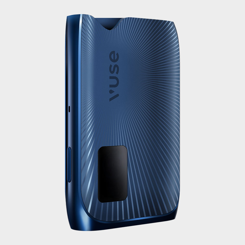 A sleek, blue Vuse vape device with a black mouthpiece and a sunburst pattern design, displayed against a plain gray background.