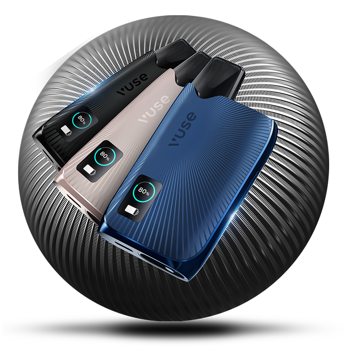 Three Vuse vape devices in black, rose gold, and blue are displayed side by side on a metallic, circular, textured background, each showing a digital battery indicator at 80%.