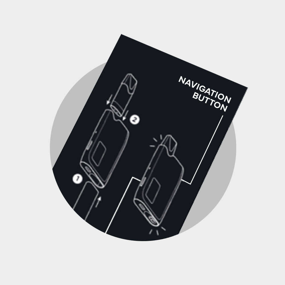 A black and white instruction diagram labeled Navigation Button, showing two steps for interacting with a rectangular electronic device with a button.