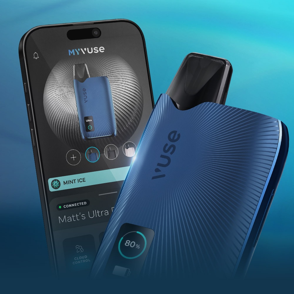 A blue Vuse vape device is displayed next to a smartphone showing the Vuse app interface with device details, including battery level and the flavor Mint Ice, against a blue gradient background.