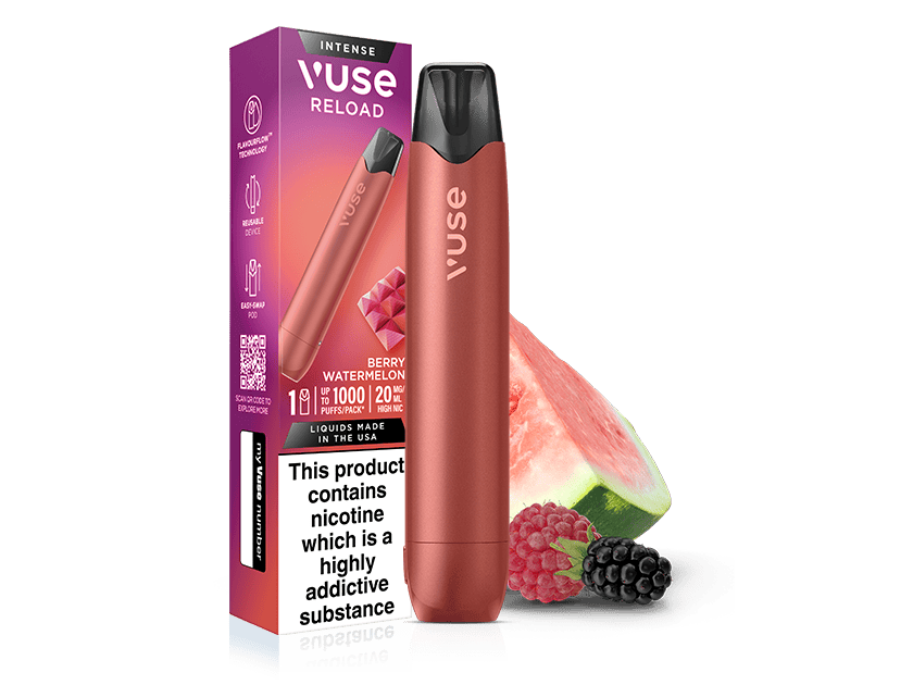 The Berry Watermelon Vuse Reload Pen is displayed beside its packaging, featuring a nicotine addiction warning. Slices of watermelon, raspberries, and blackberries in front highlight the vape’s berry watermelon flavor.