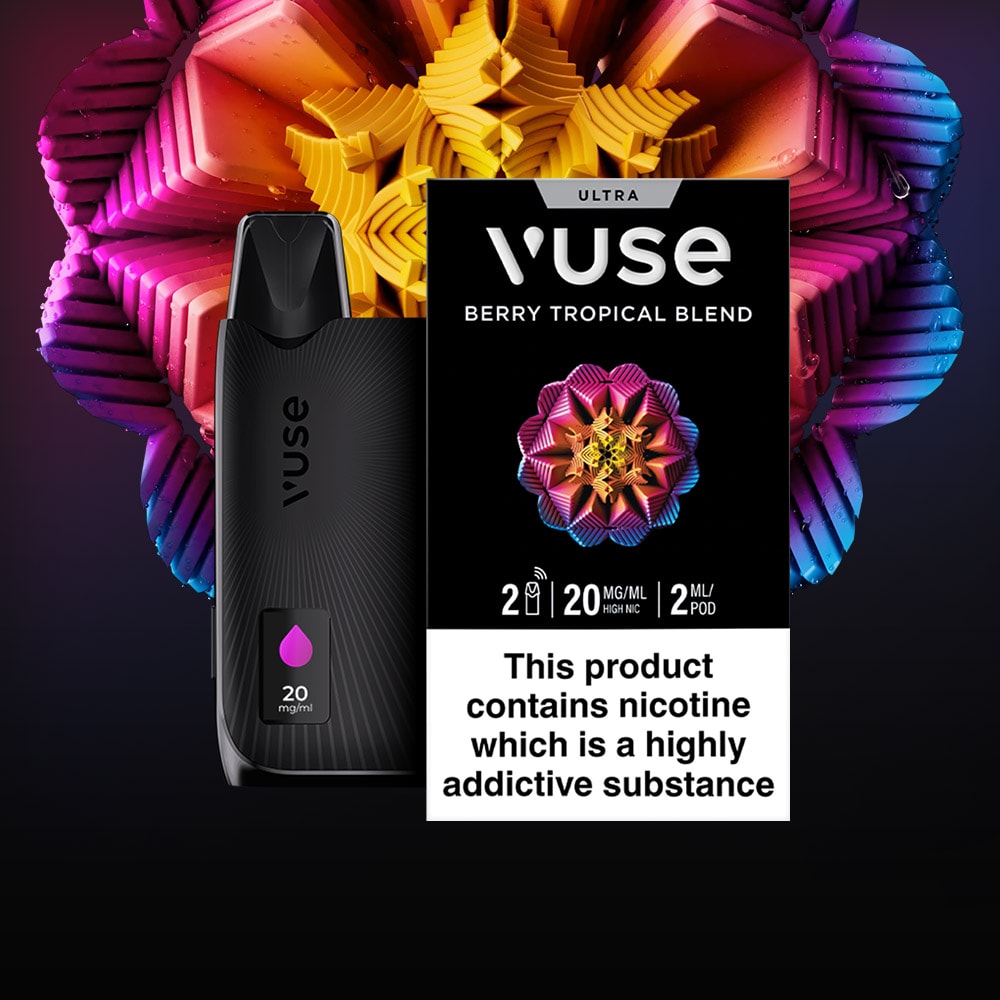 Vuse device next to a pack of flavour pods against a flower orb background