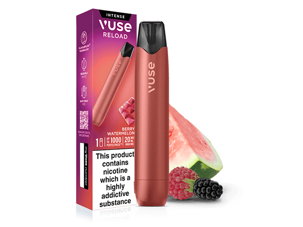 A red Berry Watermelon Vuse Reload Pen standing next to its retail box, which features images of a watermelon slice, a raspberry, and a blackberry.