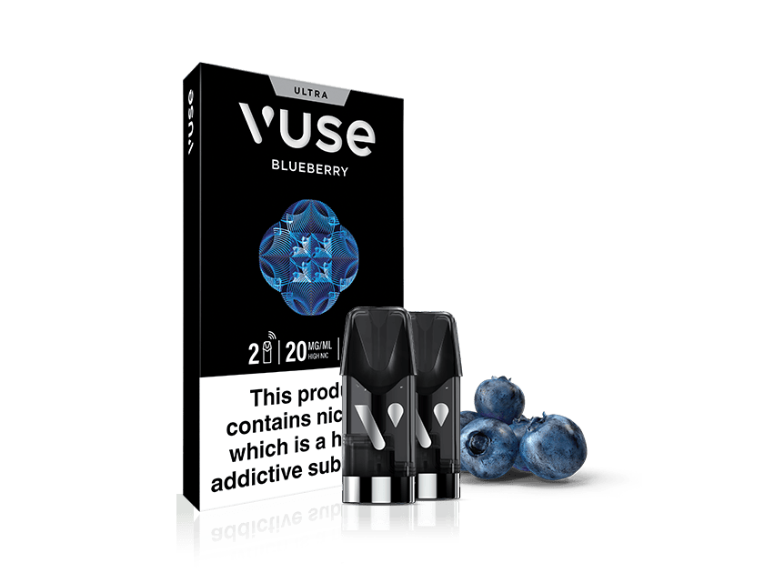 Black Vuse Blueberry vape cartridge box with geometric blueberry graphic, two vape pods in front, and a few fresh blueberries to the right. The box displays a nicotine warning at the bottom.