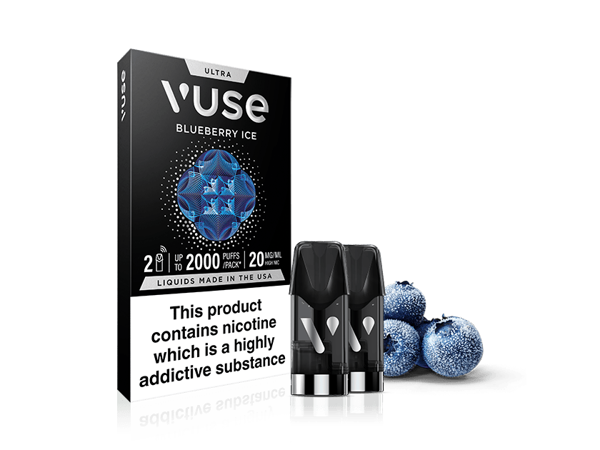 A box of Vuse Blueberry Ice Ultra Smart Pods with two vape pods and two frosted blueberries beside it. The packaging features product info, a nicotine warning, and highlights ceramic heater technology for a smooth vape.