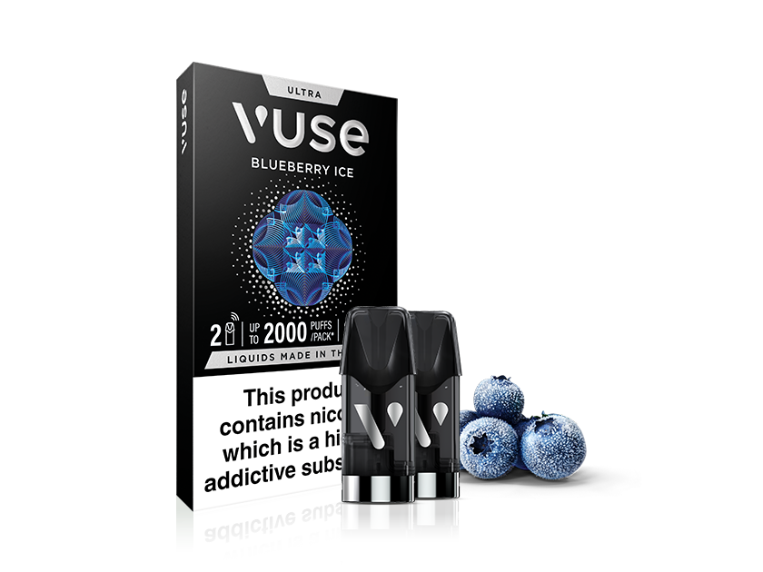 Vuse Blueberry Ice vape pod packaging with two vape pods in front and three blueberries with icy frost next to them, set against a white background.