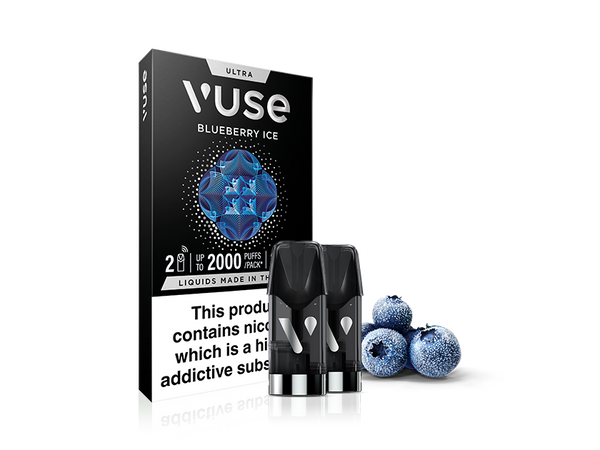 Vuse Blueberry Ice vape pod packaging with two vape pods in front and three blueberries with icy frost next to them, set against a white background.