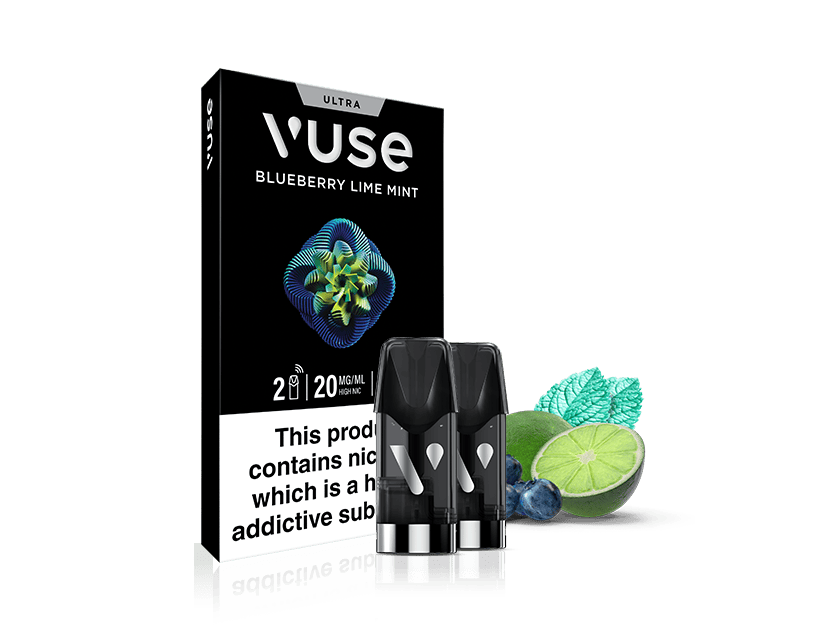 Vuse Ultra Blueberry Lime Mint vape pods with two pods in front of the packaging. Blueberries, a mint leaf, and a lime are shown beside the pods, with a health warning label on the box.