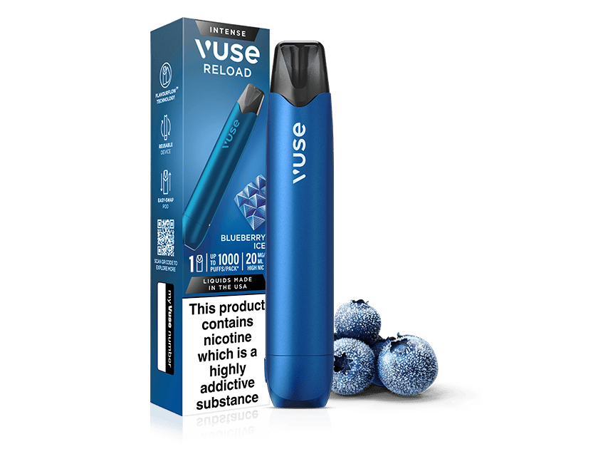 A blue Vuse Reload vape device and its packaging, labeled Blueberry Ice, with a nicotine warning and several frosted blueberries beside them.