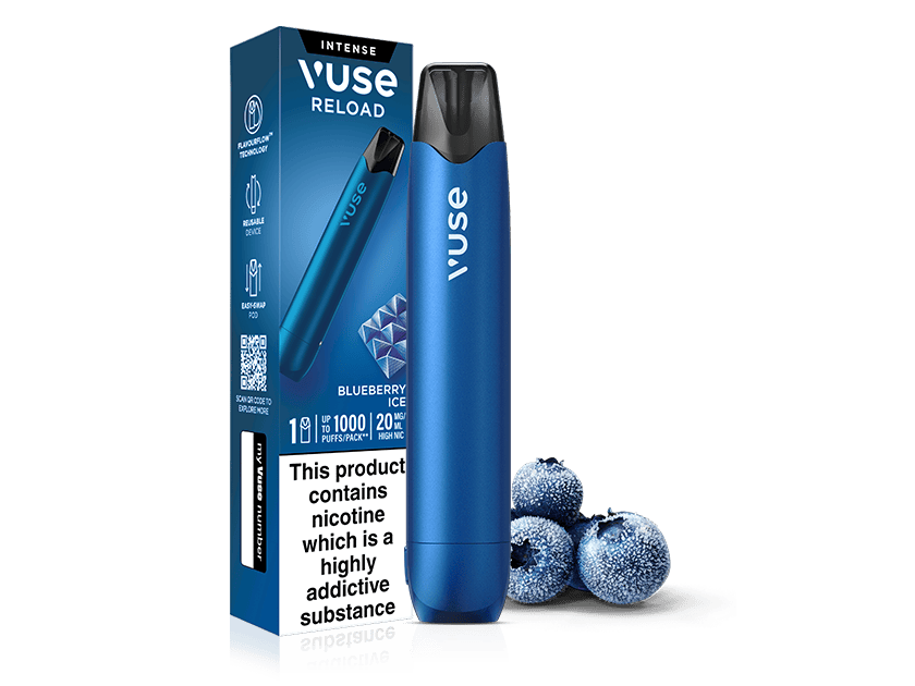 Blue Blueberry Ice Vuse Reload Pen next to its packaging, which features a picture of the pen, three blueberries, and a nicotine warning label.