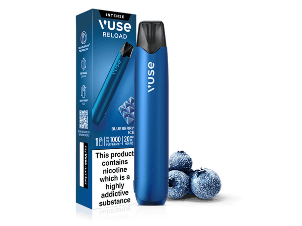 Blue Blueberry Ice Vuse Reload Pen next to its packaging, which features a picture of the pen, three blueberries, and a nicotine warning label.