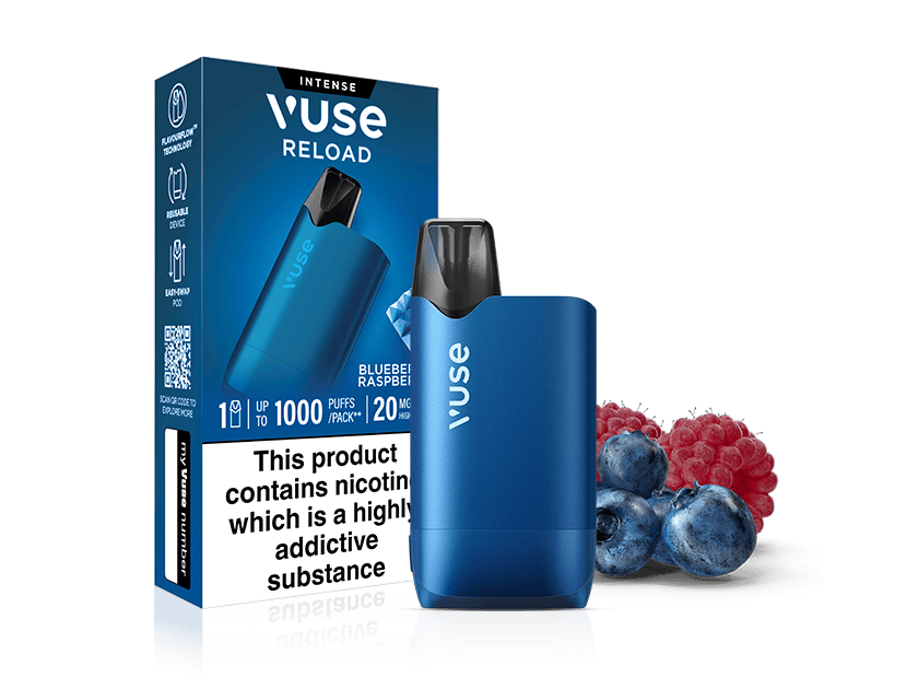 A blue Vuse Reload reusable vape stands next to a Blueberry Raspberry Vuse Reload Box, with fresh blueberries and raspberries in the foreground featuring Extra Intense Pods.