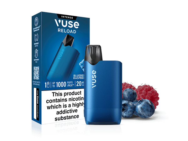 A blue Vuse Reload reusable vape stands next to a Blueberry Raspberry Vuse Reload Box, with fresh blueberries and raspberries in the foreground featuring Extra Intense Pods.