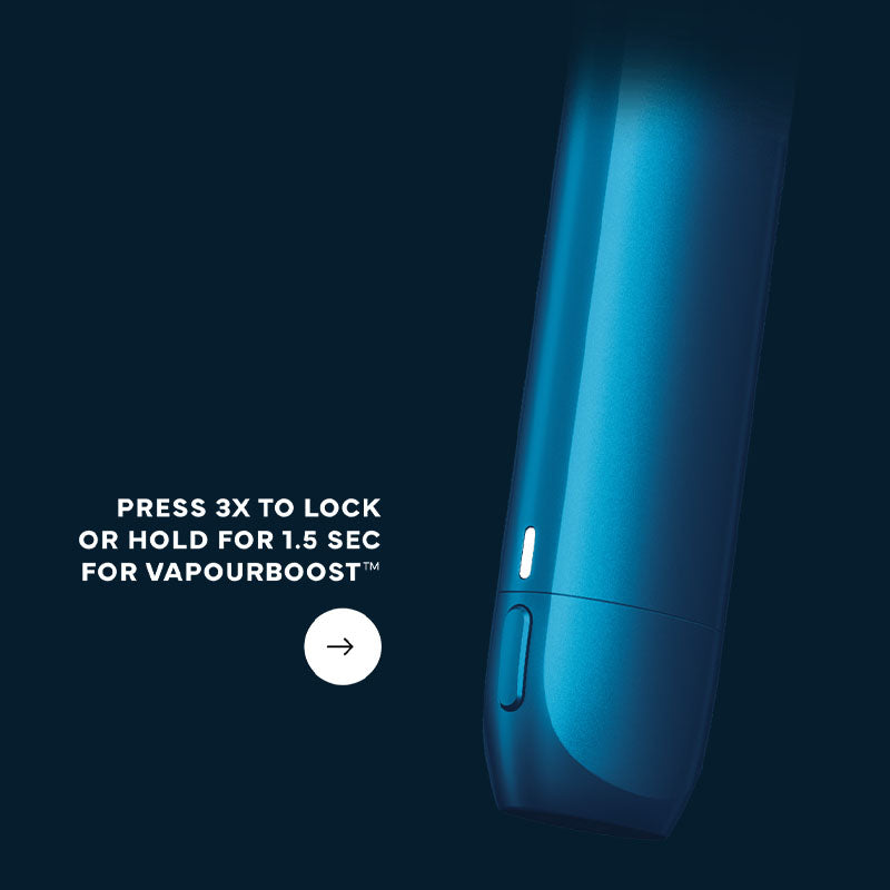 A close-up of a sleek, blue electronic device with a white button and LED indicator, next to text that reads: Press 3x to lock or hold for 1.5 sec for VapourBoost™, on a dark background.