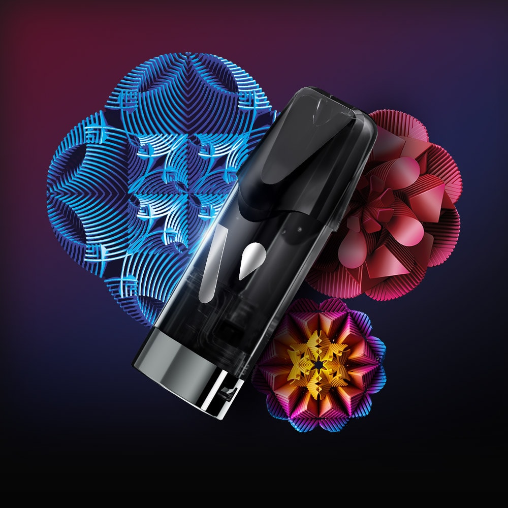 A sleek black and silver vape pod is displayed in front of blue, red, and yellow geometric, flower-like patterns on a dark background.
