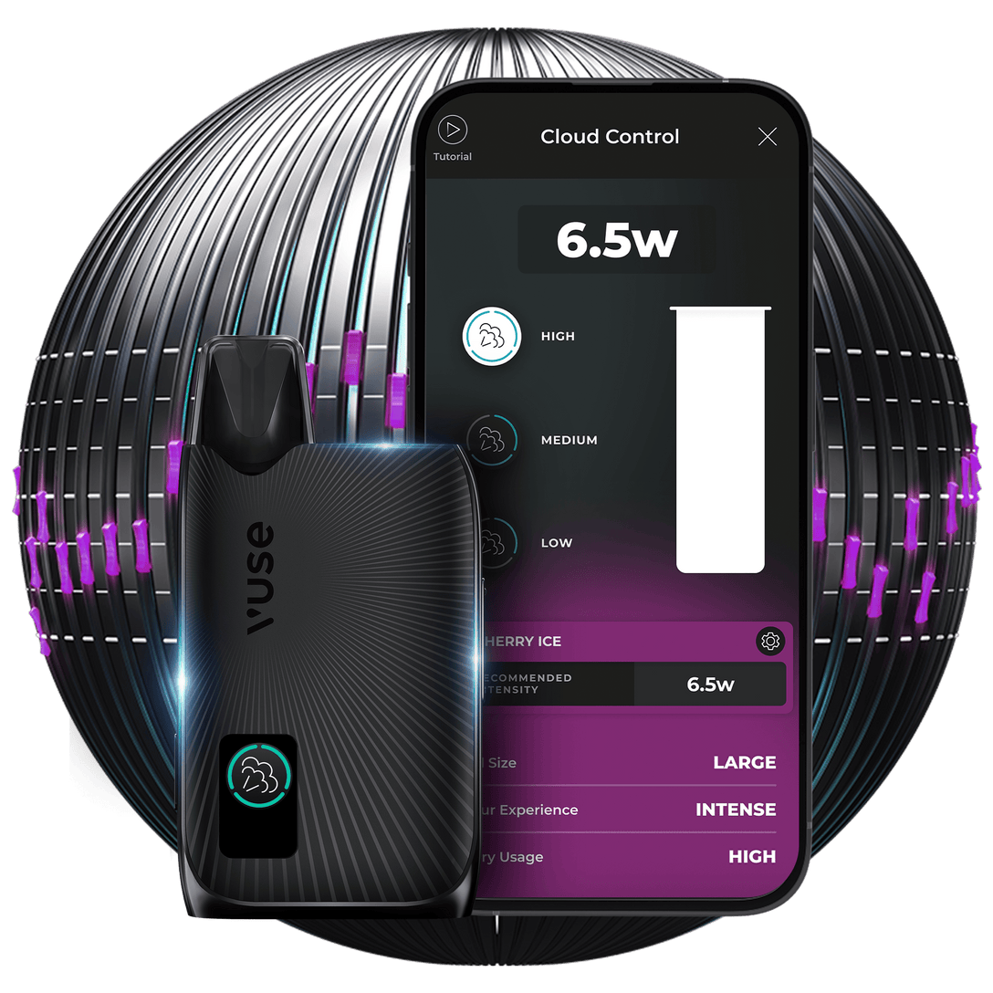 A Vuse Device next to a phone displaying Cloud Control feature on the MyVuse app