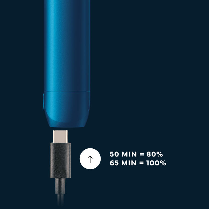 Blue Reload device with charging cable on a dark background