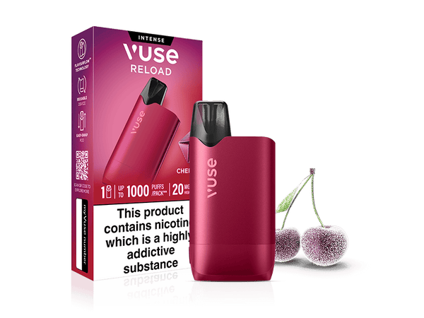 A red Cherry Ice Vuse Reload Box device next to its vertical packaging and two cherries.