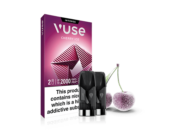 Cherry Ice Extra Intense Flavour Pods packaging shown with two black Vuse PRO compatible pods and two frosted cherries. Warning label: This product contains nicotine which is a highly addictive substance.