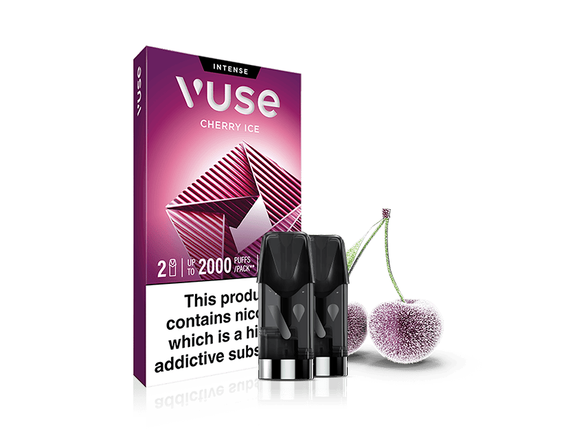 Cherry Ice Extra Intense Flavour Pods packaging shown with two black Vuse PRO compatible pods and two frosted cherries. Warning label: This product contains nicotine which is a highly addictive substance.