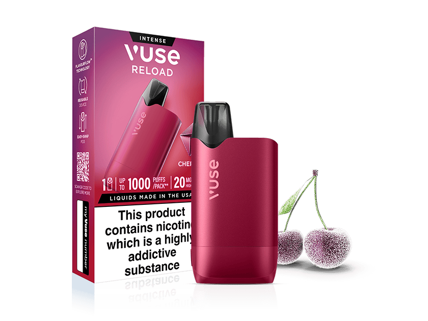 The Cherry Ice Vuse Reload Box by Vuse features a pink reusable vape device, its packaging, and a Cherry Ice prefilled pod. Frosted cherries suggest the flavor. Warning: Nicotine is highly addictive.