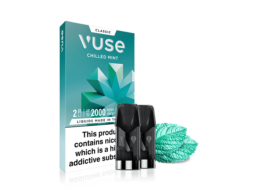 Vuse Chilled Mint vape pod packaging with two pods in front, a geometric mint leaf design on the box, and two illustrated mint leaves beside the pods on a white background.