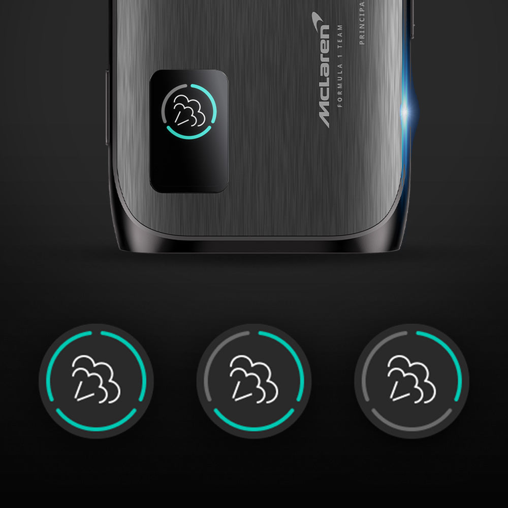 A close-up of a McLaren-branded device with a black sensor featuring a cloud icon, shown above three similar cloud icons in varying brightness, possibly indicating different states or levels.