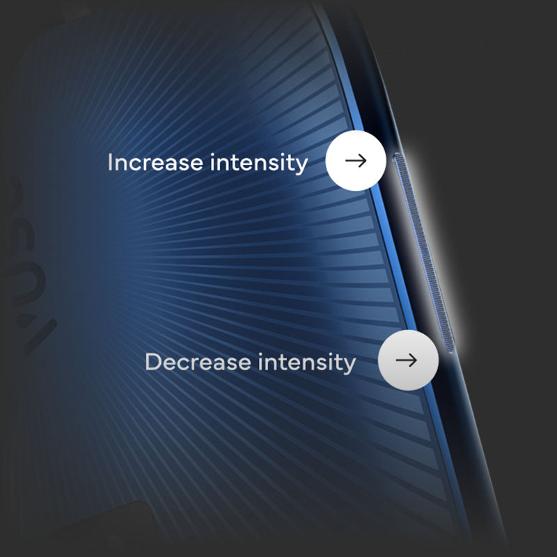 Control buttons for increasing and decreasing intensity on a blue background