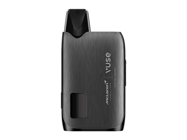 The Vuse Ultra Device Kit McLaren by Vuse is a limited edition vape with a sleek, metallic black curved design, a visible top mouthpiece, and a small window near the base.