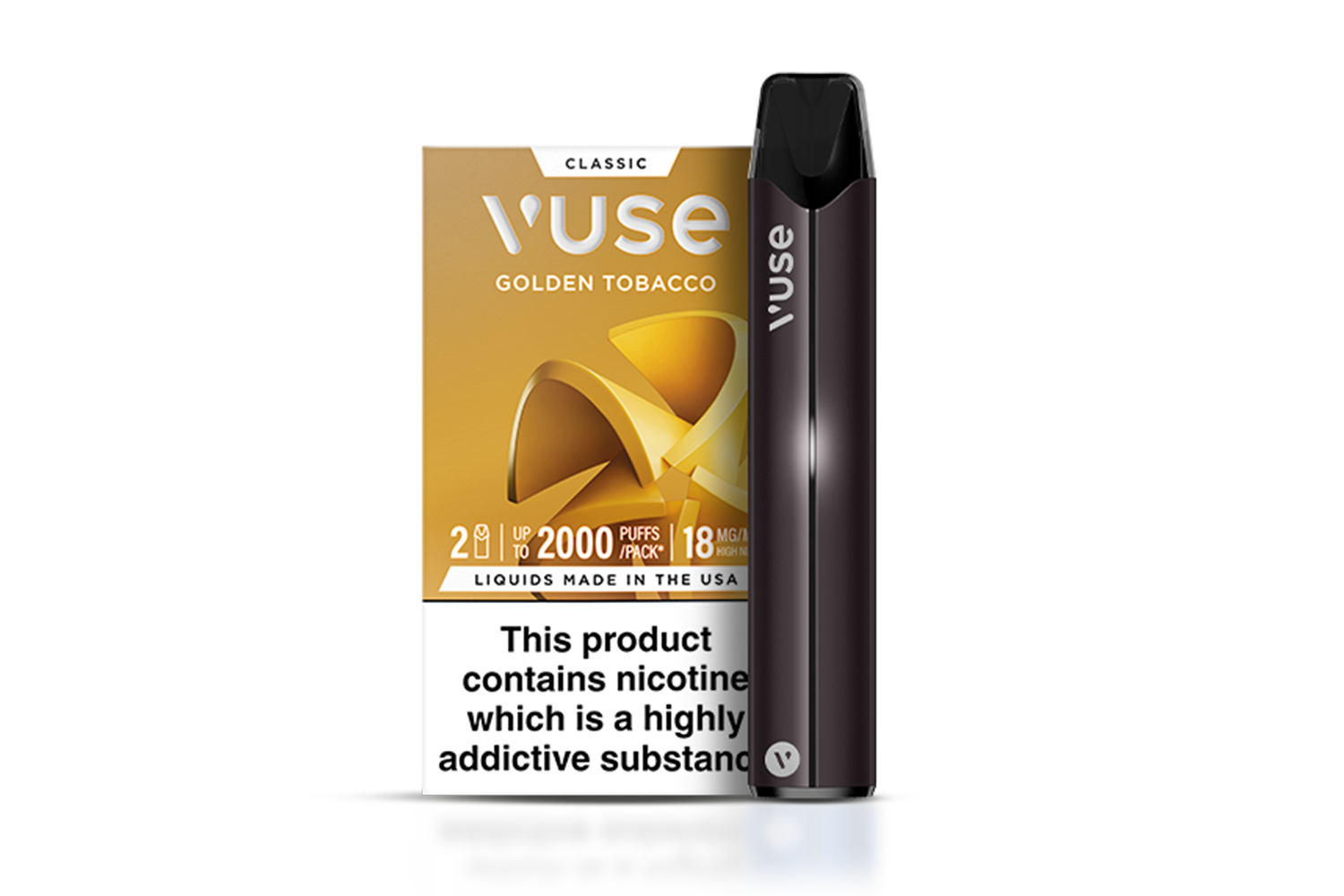 A Vuse vape device stands in front of a Vuse Golden Tobacco e-liquid pack, which displays product details and a nicotine addiction warning.