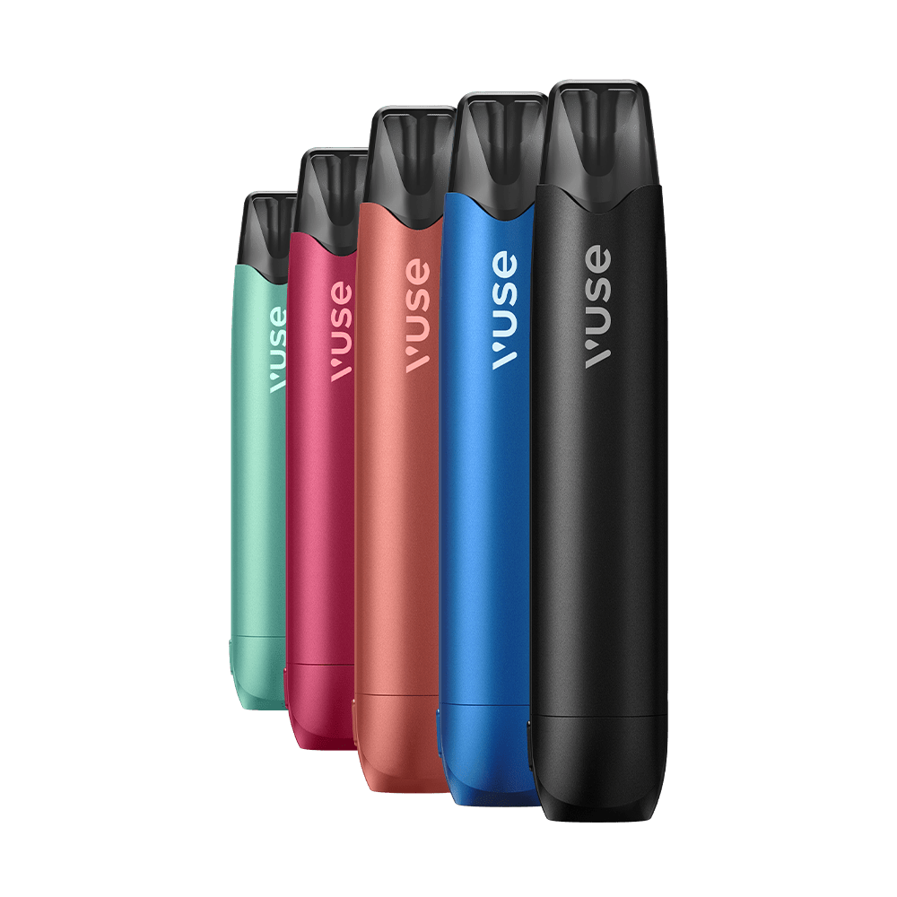 Five Vuse vape devices in metallic green, pink, red, blue, and black are standing upright in a row against a white background. Each device features a black mouthpiece and the brand name Vuse printed vertically.