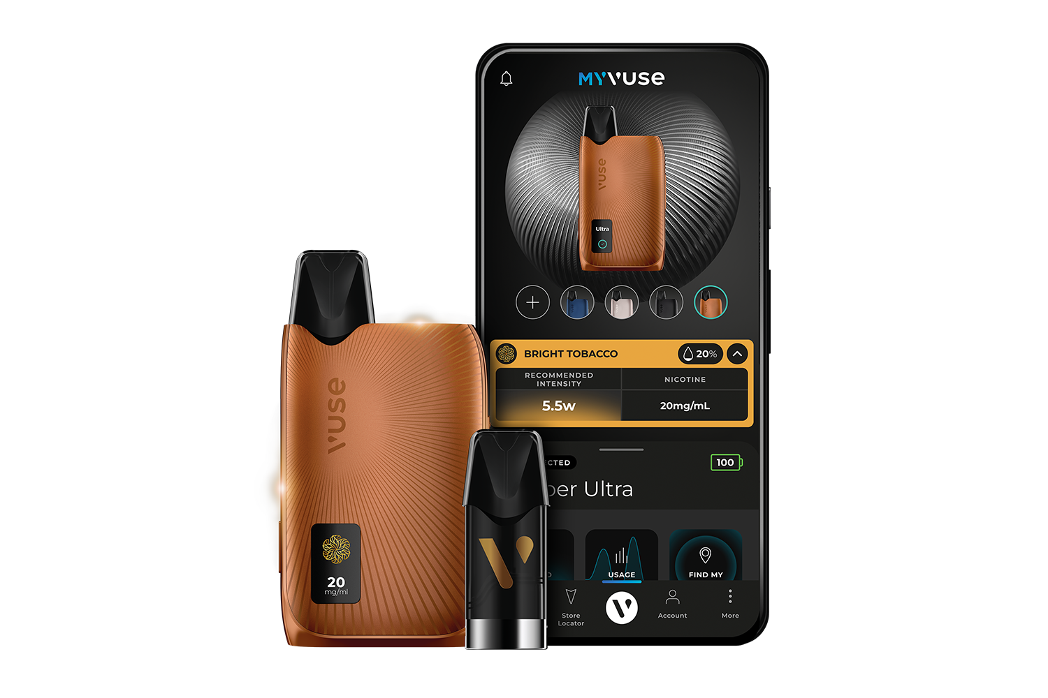A tan MYVUSE vape device, a refill pod, and a smartphone displaying the MYVUSE app interface with device settings and information about bright tobacco flavor, intensity, and nicotine levels.