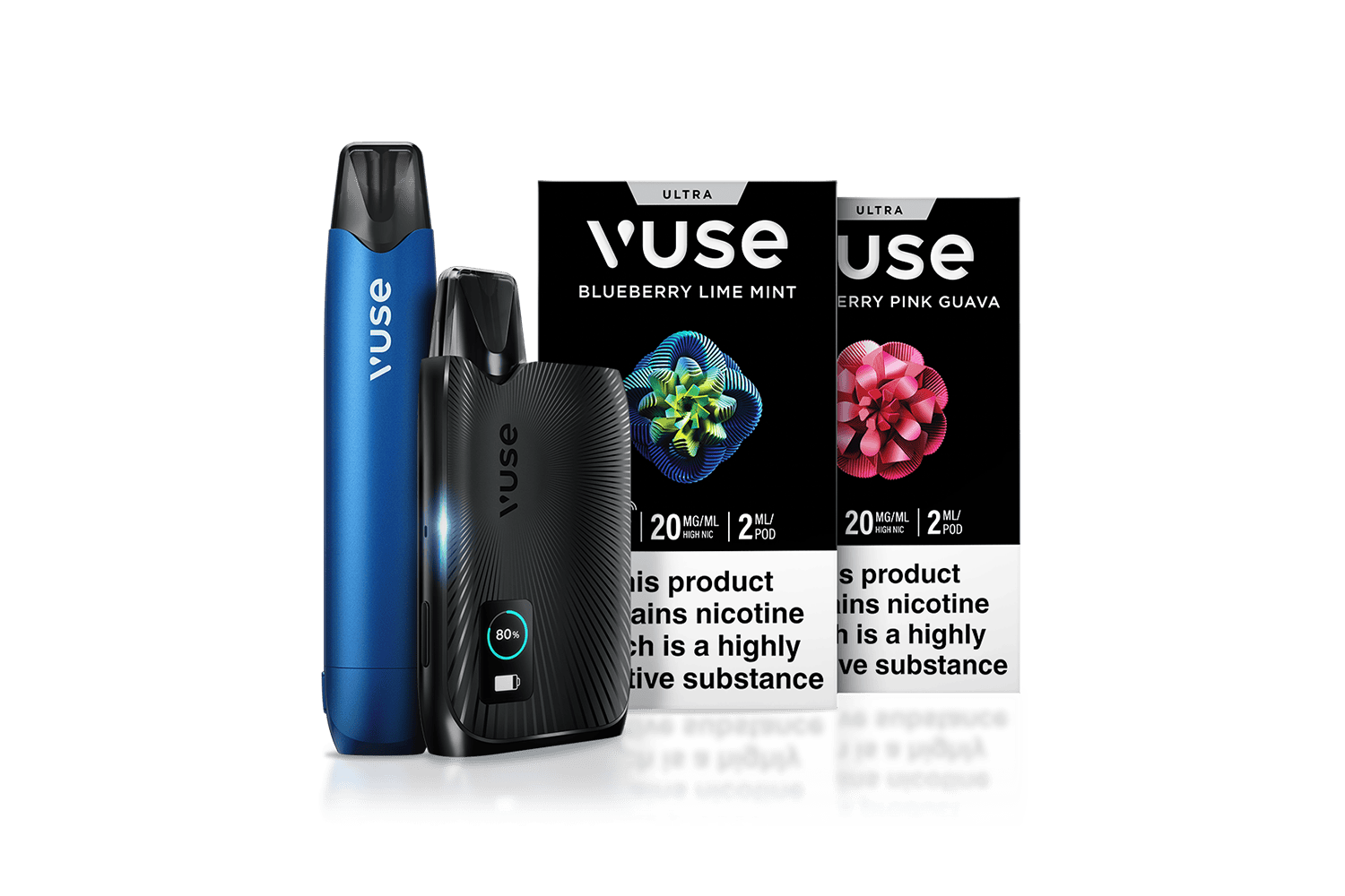 A collection of Vuse vaping products, including devices and flavour pods.
