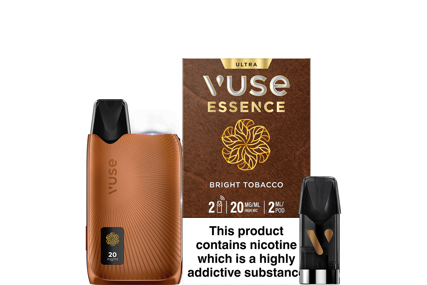 A Vuse Essence vape device and pod in brown with a matching box labeled Bright Tobacco. A warning states: This product contains nicotine which is a highly addictive substance..