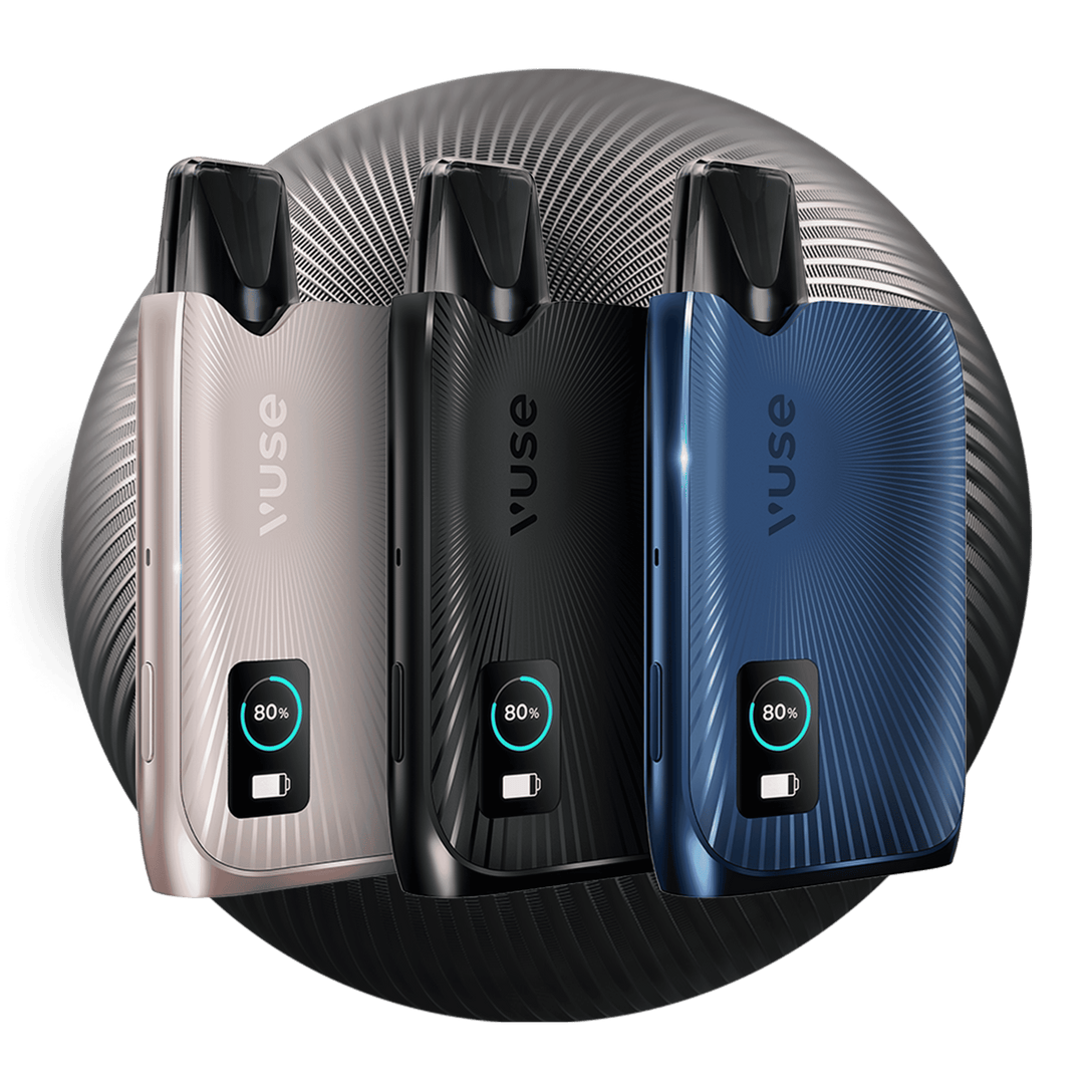 Three Vuse devices displayed in front of a grey orb