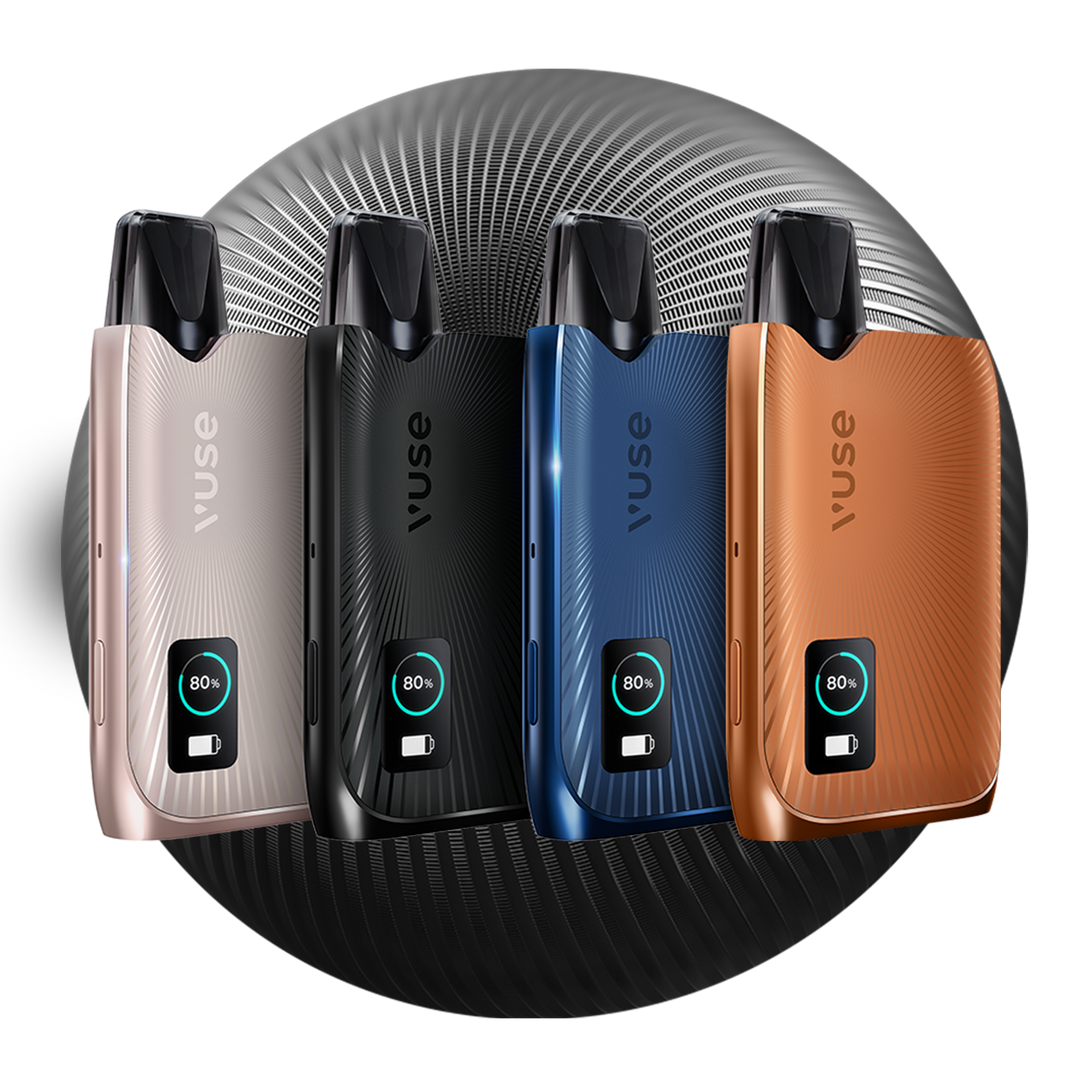 Four Vuse vape devices in pink, black, blue, and copper colors are displayed side by side. Each device shows an 80% battery icon on a small screen. The background features a circular, geometric black pattern.