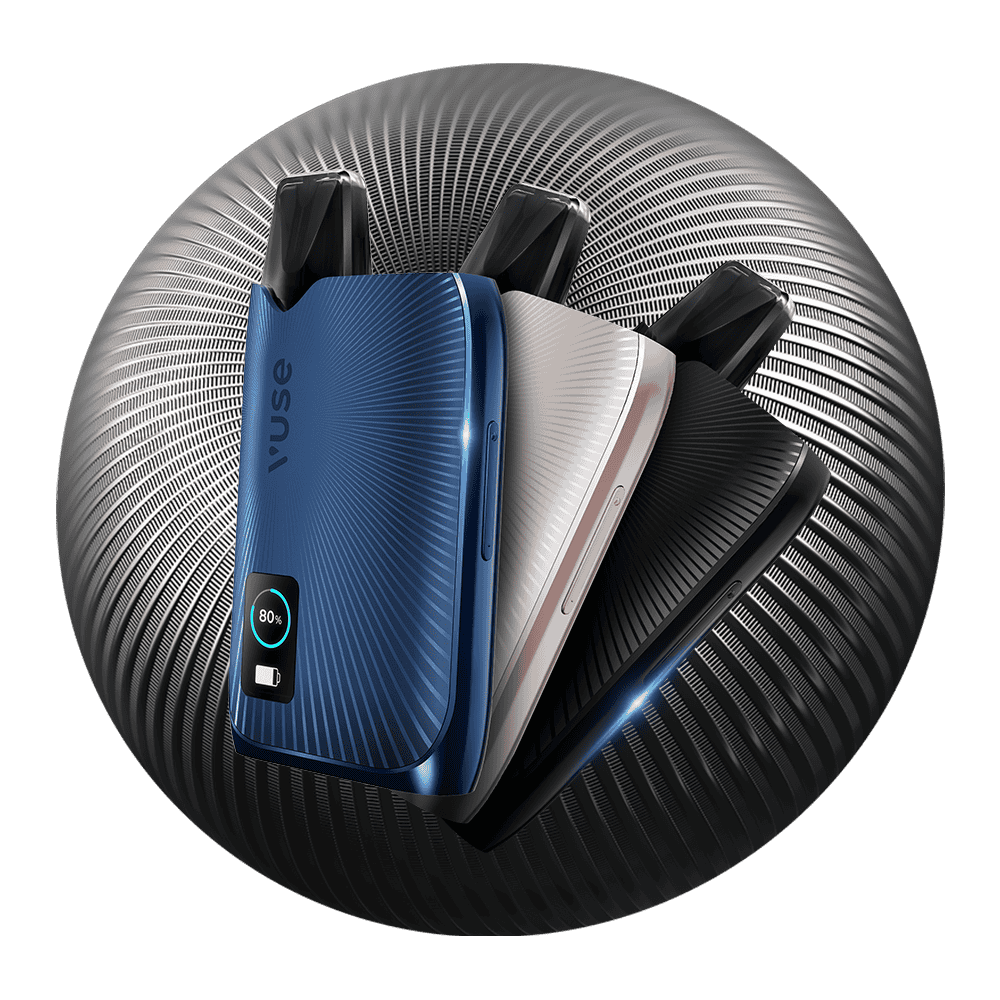 Three Vuse devices displayed in front of a grey orb