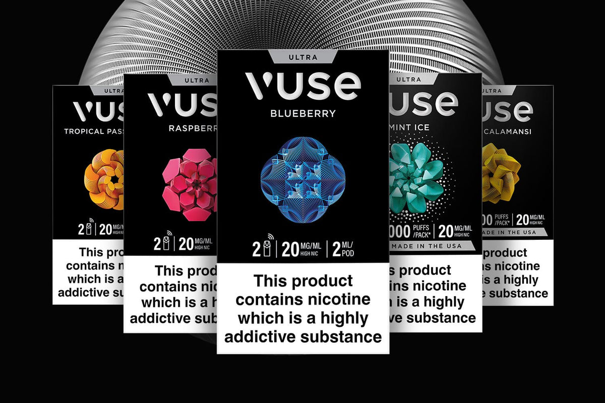 Five Vuse vape boxes in different flavors—Blueberry, Tropical, Raspberry, Mint, and Calamansi—are displayed in a row, featuring warnings about nicotine and colorful fruit-themed designs.