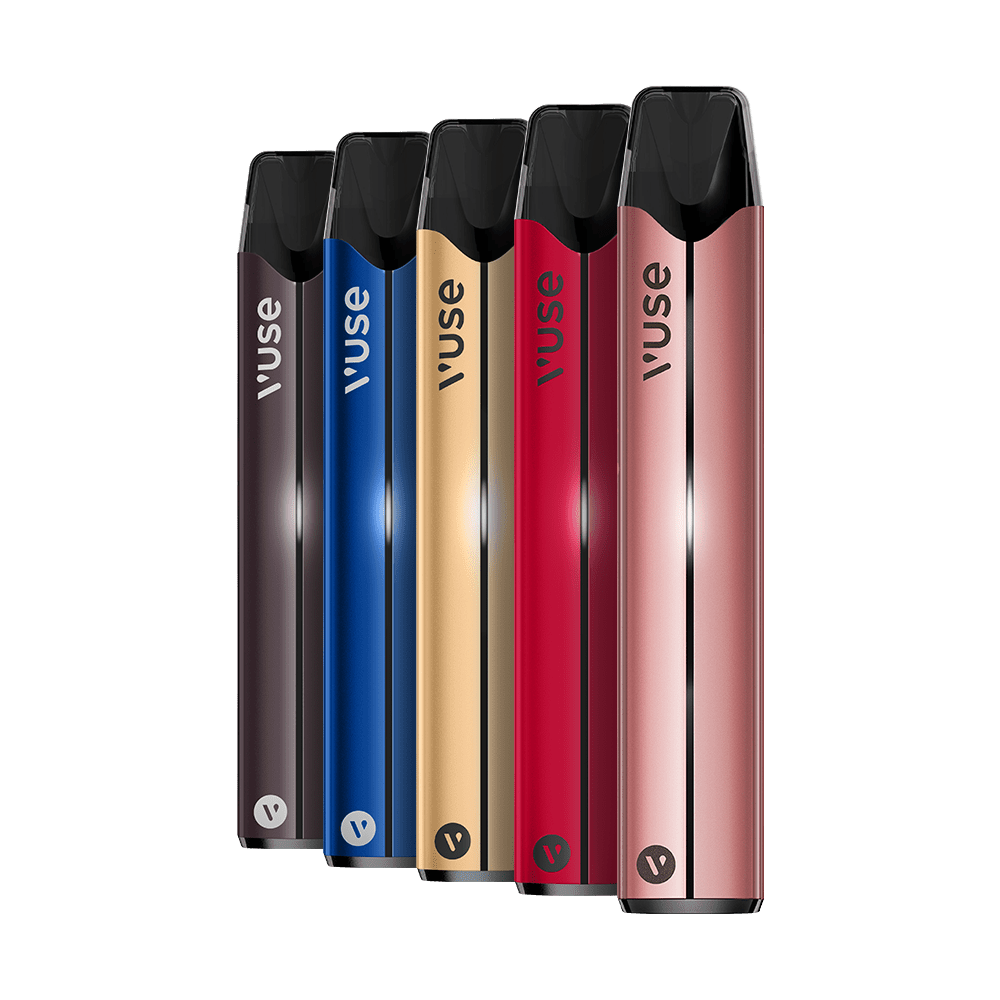 Five Vuse vape devices in different colors on a transparent background