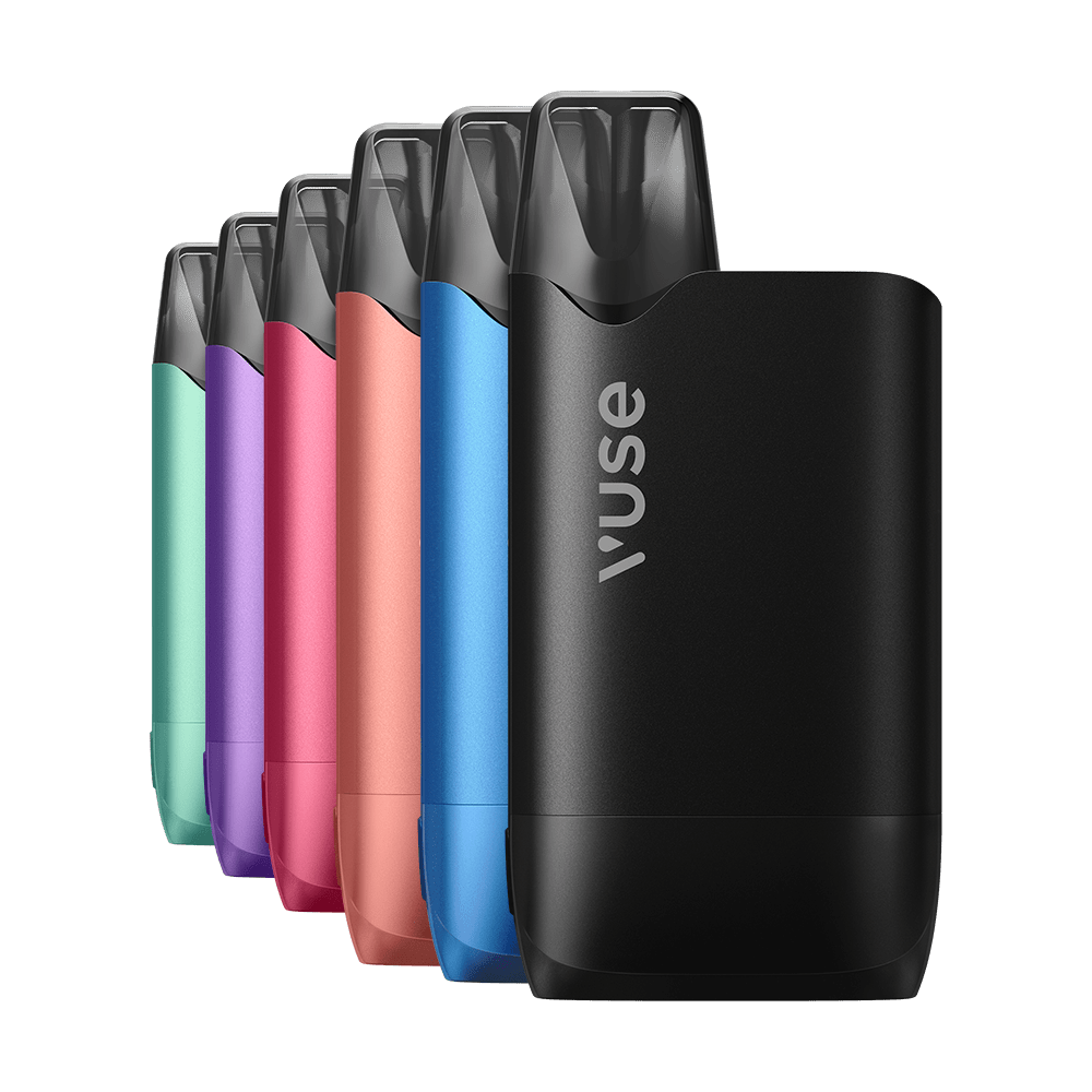 Vuse vape device in black with other colored devices on a clear background