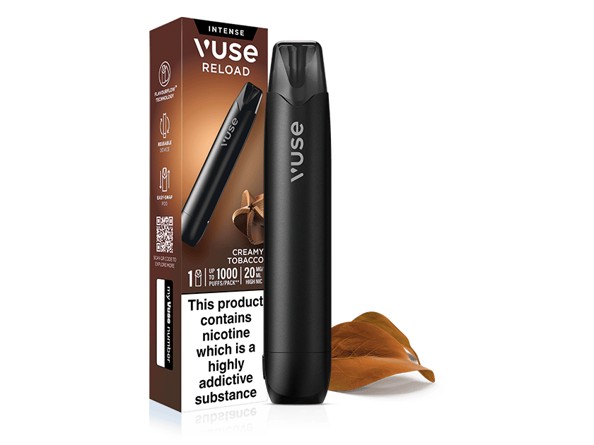 A matte black Creamy Tobacco Vuse Reload Pen standing next to its vertical product box, which features a tobacco leaf illustration and a mandatory health warning label.