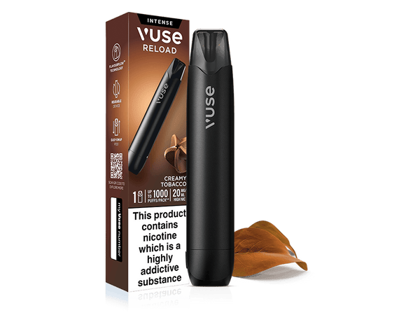 A matte black Creamy Tobacco Vuse Reload Pen standing next to its vertical product box, which features a tobacco leaf illustration and a mandatory health warning label.