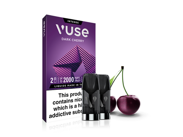 A box of Vuse Intense Dark Cherry e-liquid pods is shown with two pods in front and two cherries beside the box. The packaging features a purple geometric design and a nicotine warning label.