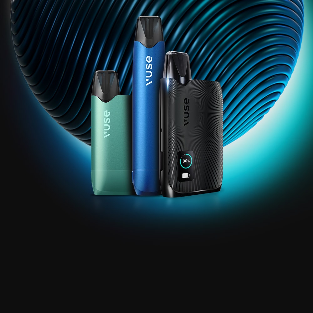 Three Vuse vape devices in green, blue, and black are standing upright against a black and teal background with a glowing, abstract, spherical pattern. The black device displays an 80% battery indicator on its screen.