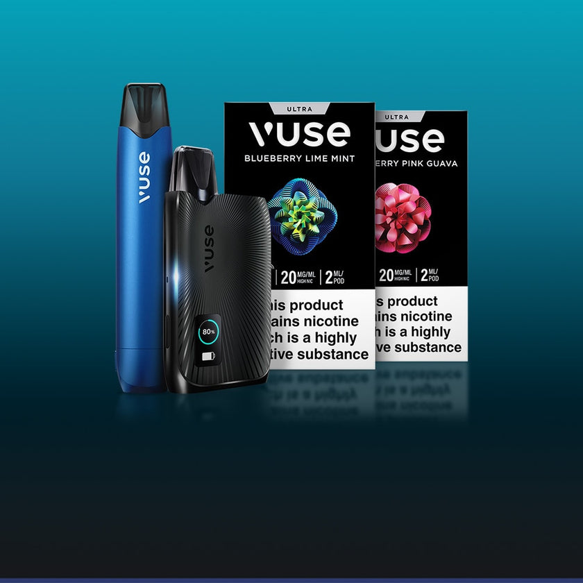 Two Vuse vape devices, one blue and one black, are displayed in front of two vape flavor packages: Blueberry Lime Mint and Raspberry Pink Guava, on a gradient blue background.