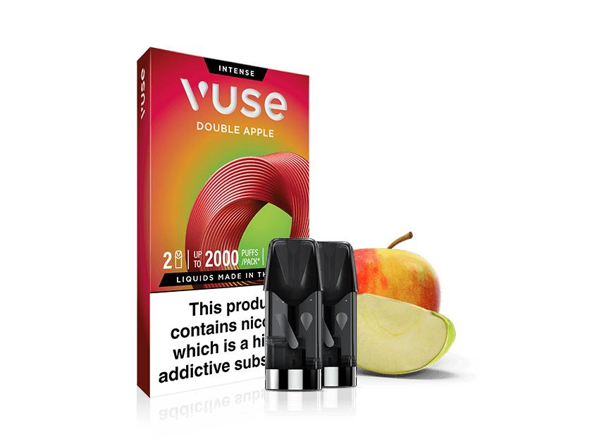 A Vuse Intense Double Apple vape pod package is shown with three vape pods in front and a red and yellow apple, partially sliced, beside the box. The background is white.