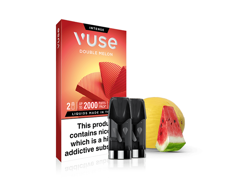 A Vuse Double Melon vape pod package is shown with three black pods, a slice of watermelon, and a yellow melon beside it. The package displays nicotine warnings and mentions up to 2000 puffs per pack.