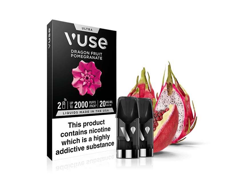 The Vuse Dragon Fruit Pomegranate Ultra Smart Pod package contains two pods, shown with sliced dragon fruit and pomegranate. Warning: This product contains nicotine, a highly addictive substance.